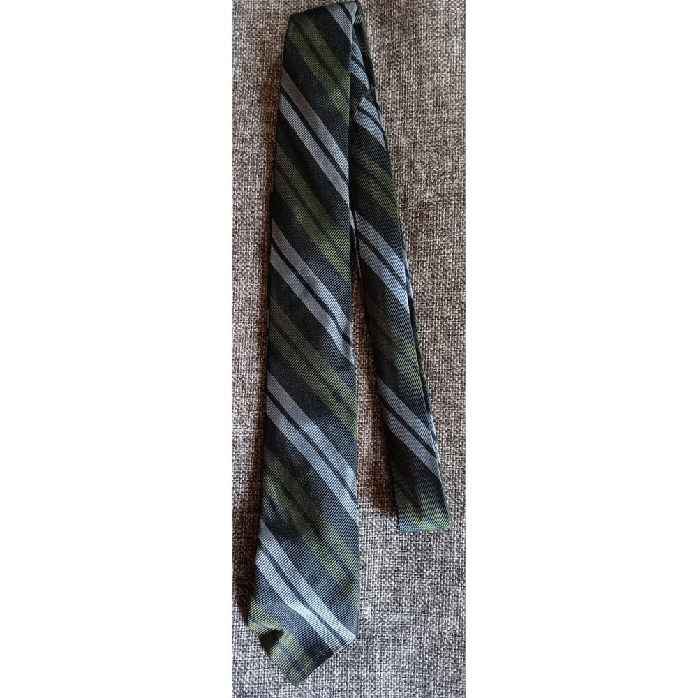 Dress Tie 70s 80s 90s Y2K Mens Green Gray Black Stripe Skinny 2.25 Wide